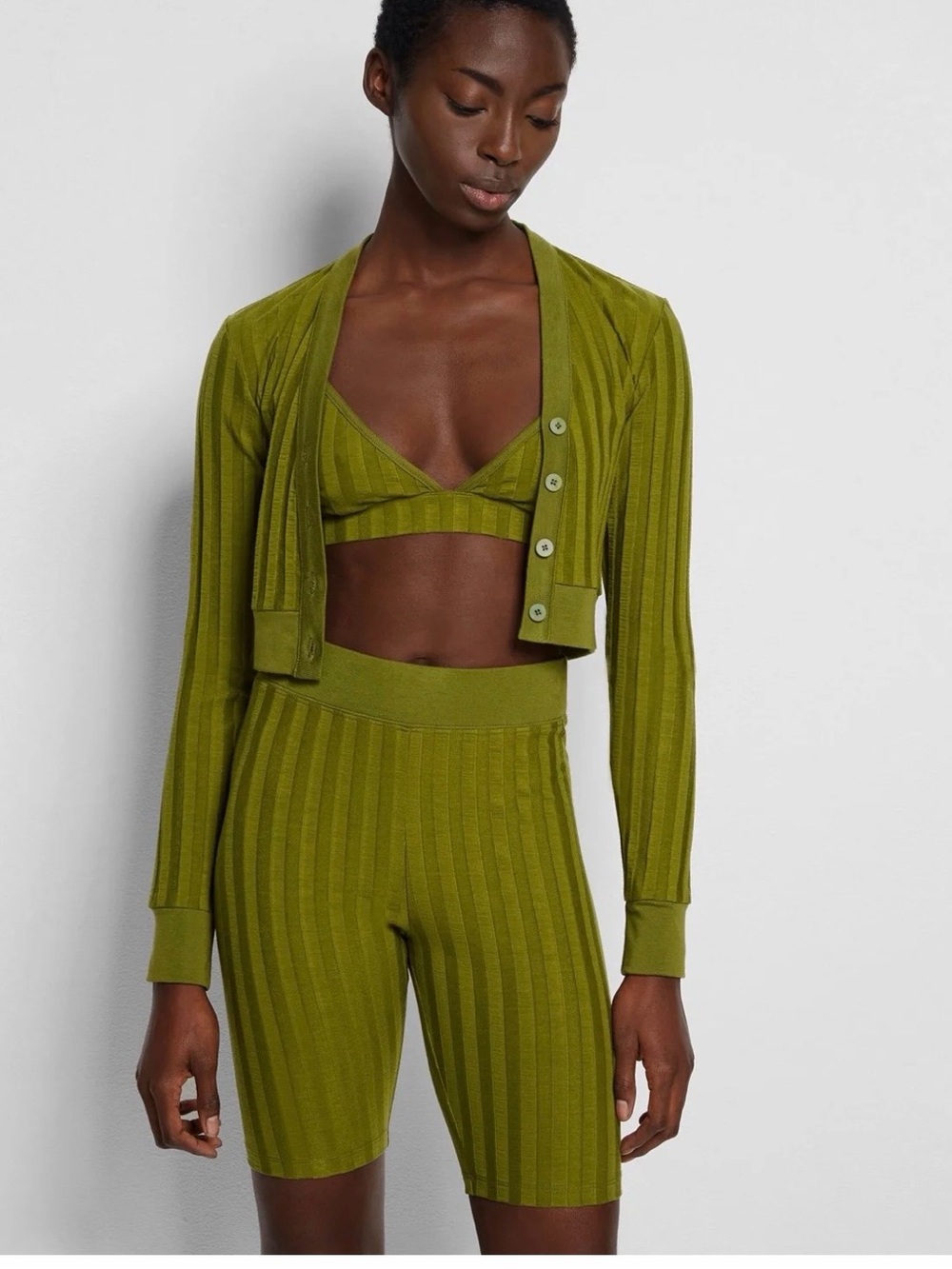 Jonathan Simkhai Ribbed Knit cardigan and biker shorts in Olive Green